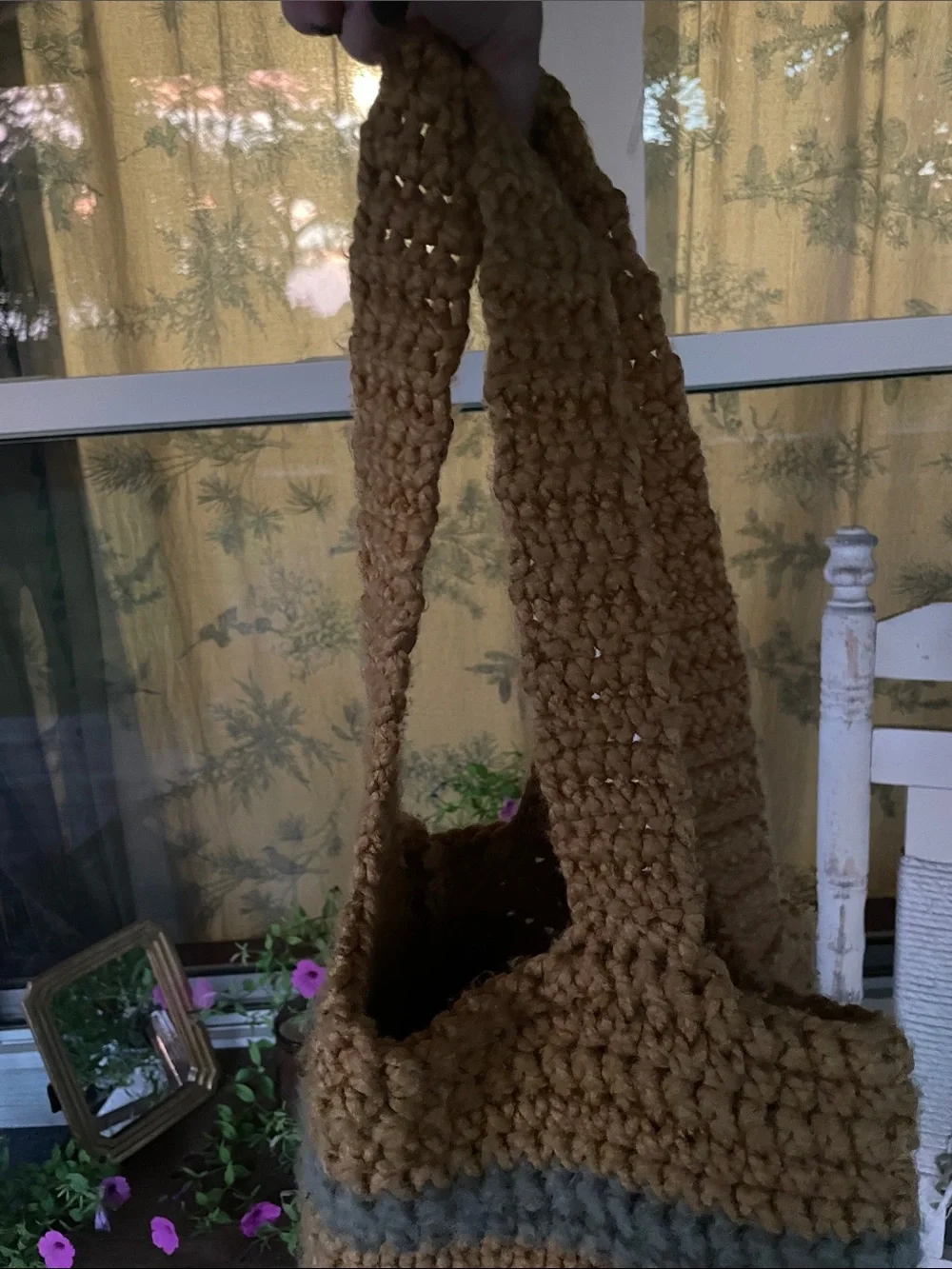 Hand Made Crochet Tote Bag in Kodak Yellow with Moss Green Stripes 🫶🏻